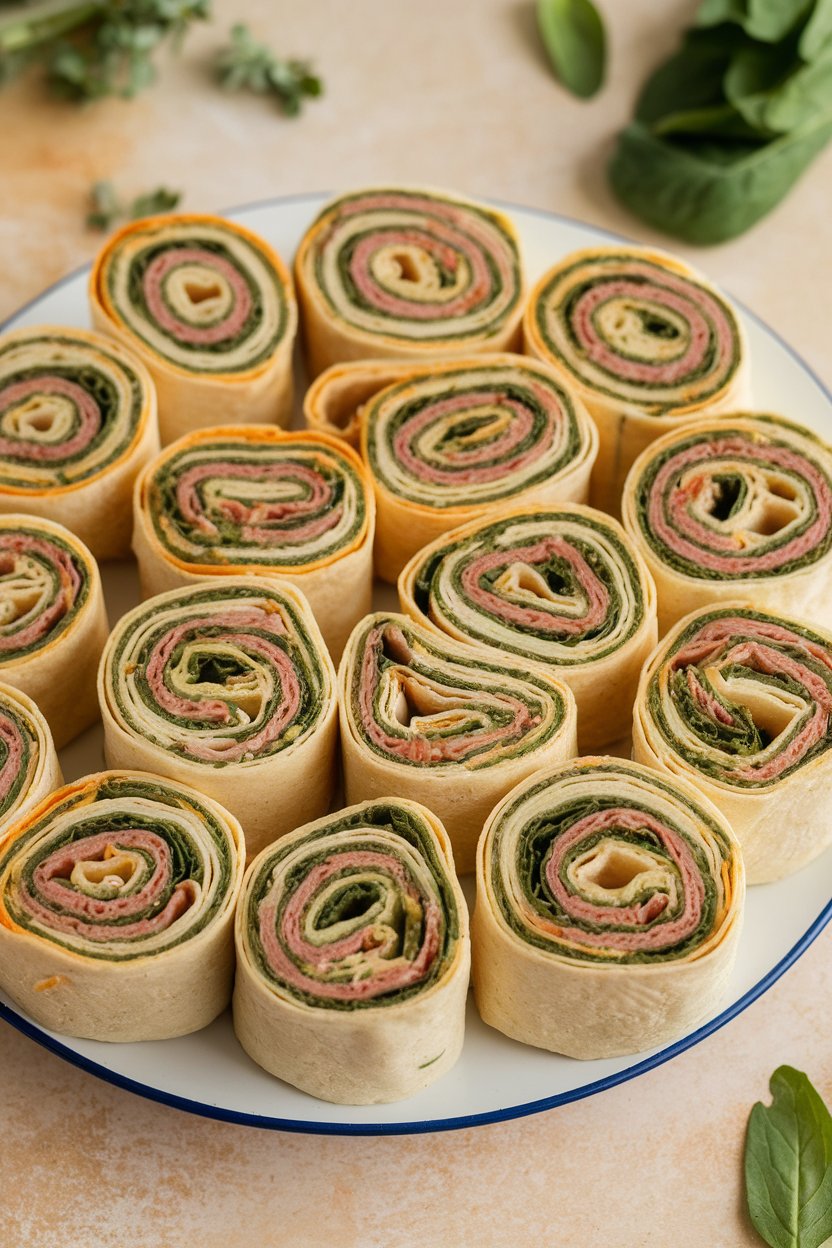 An indoor platter of colorful pinwheel tortilla roll-ups with visible layers of turkey, spinach, and cream cheese. No text or logos. Photo, not illustration.