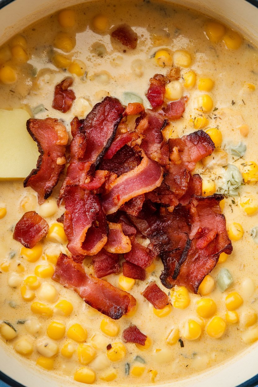 Indoor shot of hearty corn chowder—crispy bacon crumbles atop creamy soup with visible corn and potatoes. No text or logos. Photo.