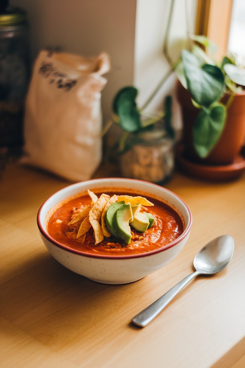 An indoor countertop featuring a bowl of tomato-based chicken tortilla soup topped with crispy strips and avocado. No text or logos.