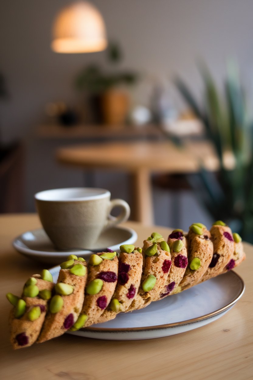 An indoor coffee setting with long biscotti studded with bright green pistachios and ruby dried cherries, no text or logos. Photo only.