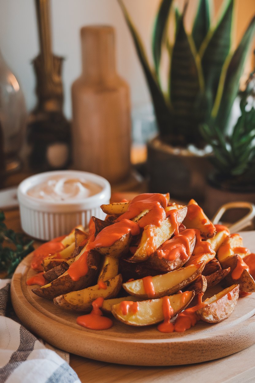 Indoor serving board piled with roasted potato wedges drizzled in buffalo sauce, ranch dip in a ramekin. No text or logos.