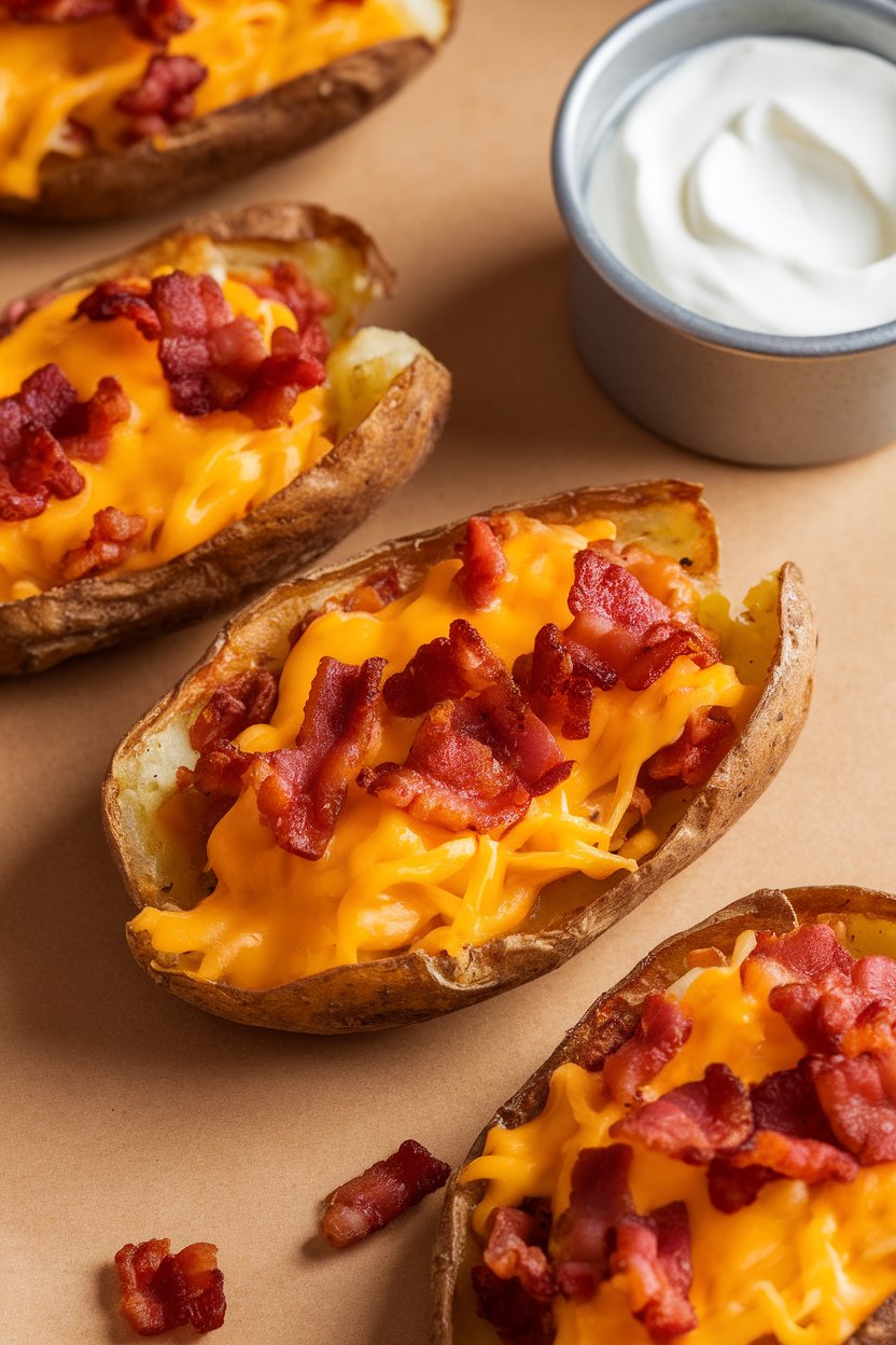 Indoor photo of crispy potato skins loaded with melted cheddar and bacon bits, a cup of sour cream in the frame; no text or logos.