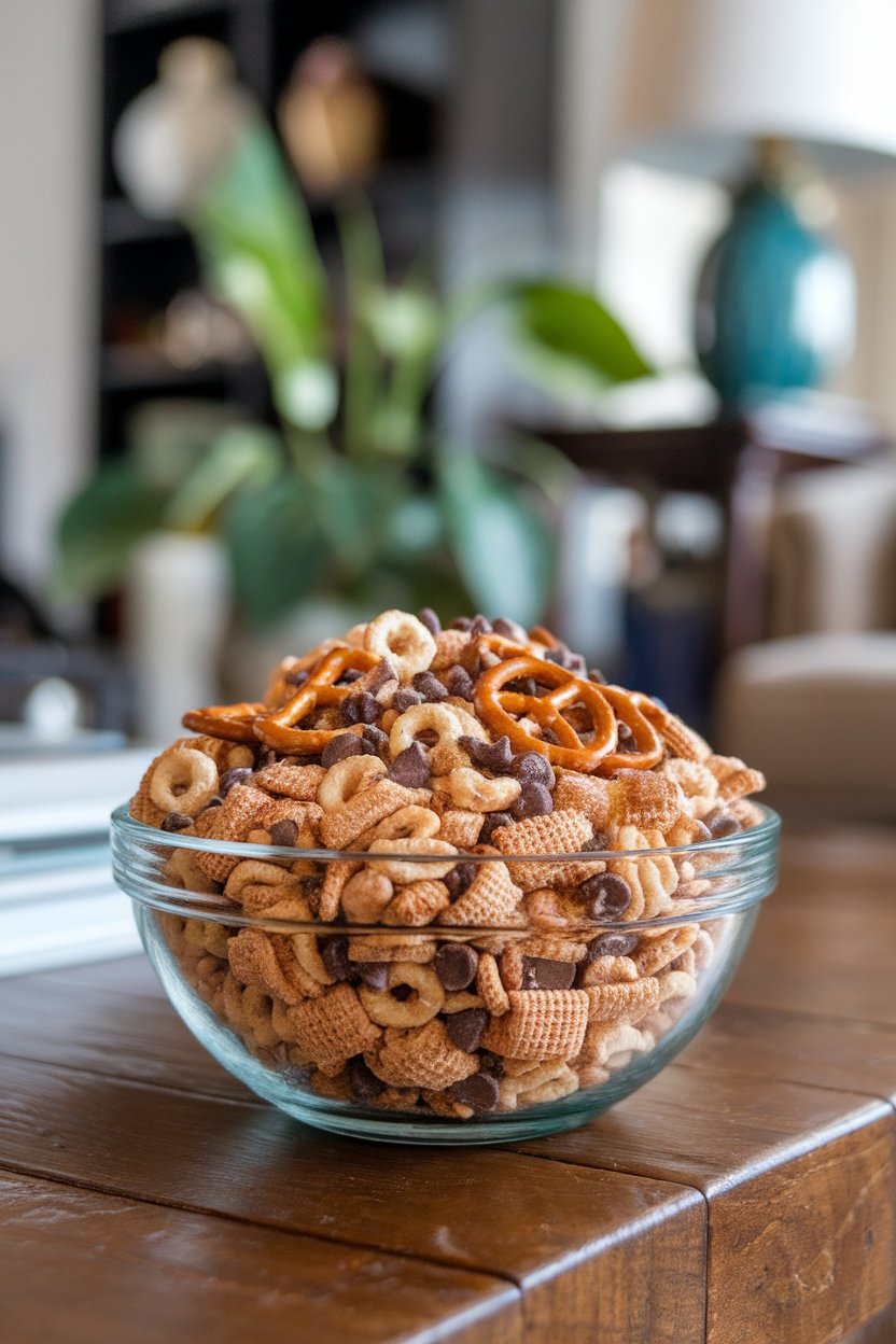 Indoor bowl of cinnamon-sugar coated cereal mix with pretzels and chocolate chips, set on a coffee table. No text or logos.