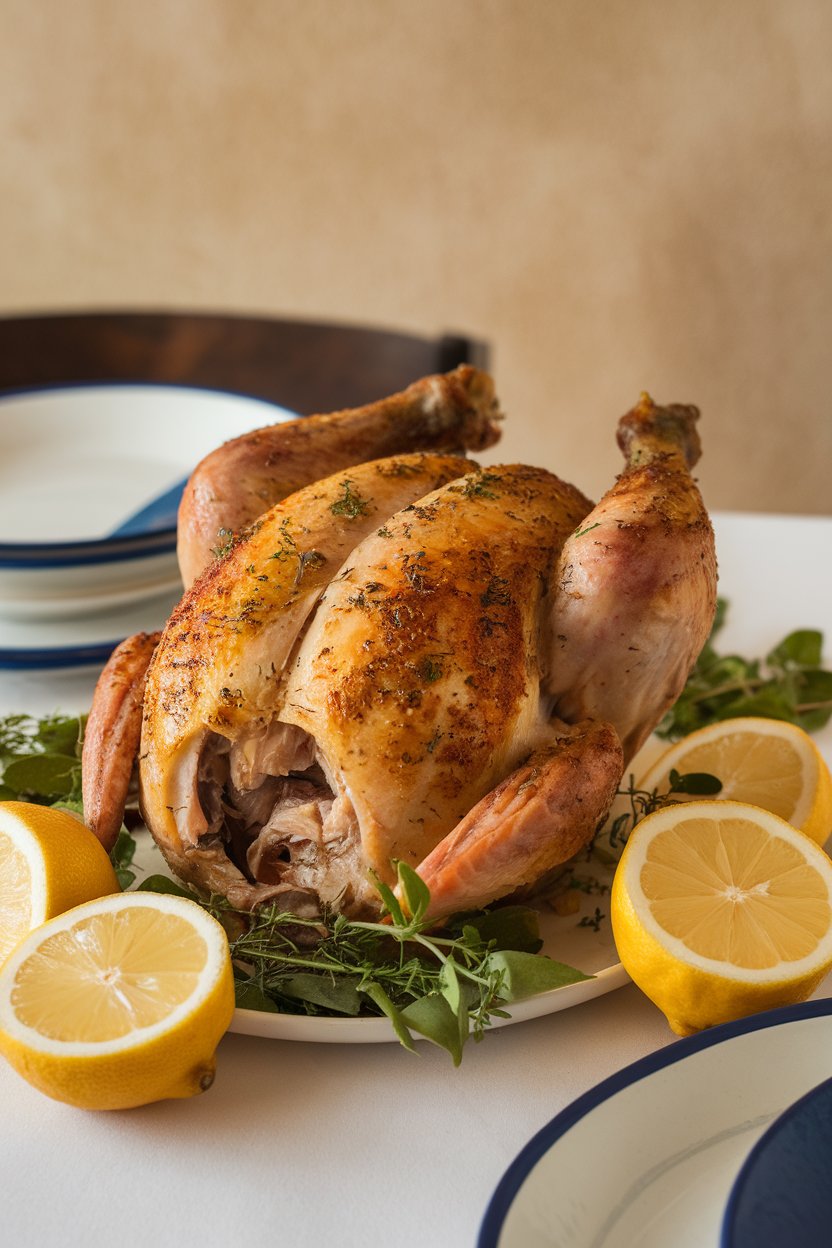 An indoor dining table showcasing a carved whole chicken with golden skin, lemon slices, and herbs scattered around. No logos or text. Photo.