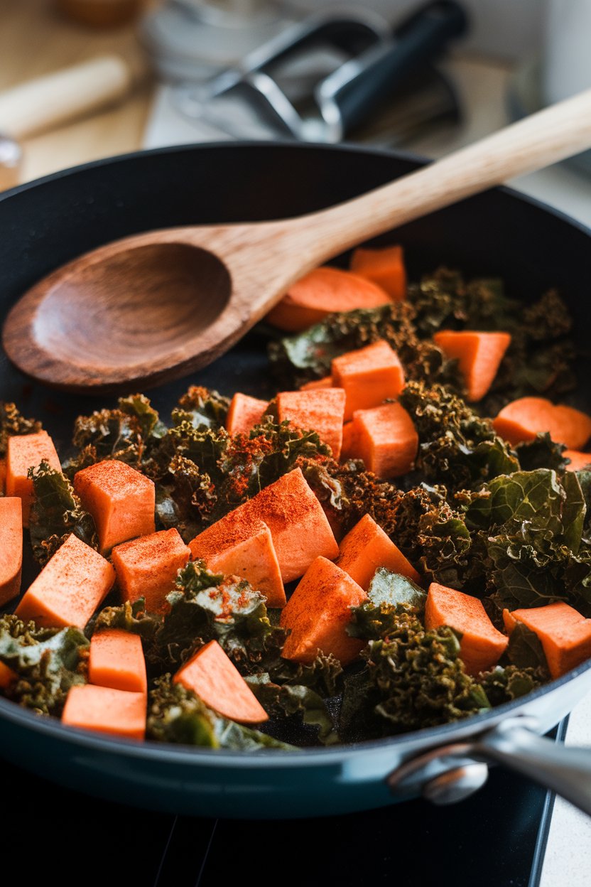 An indoor skillet shot of diced sweet potatoes and wilted kale sprinkled with paprika, a wooden spoon resting in the pan. No text or logos. Photo only.
