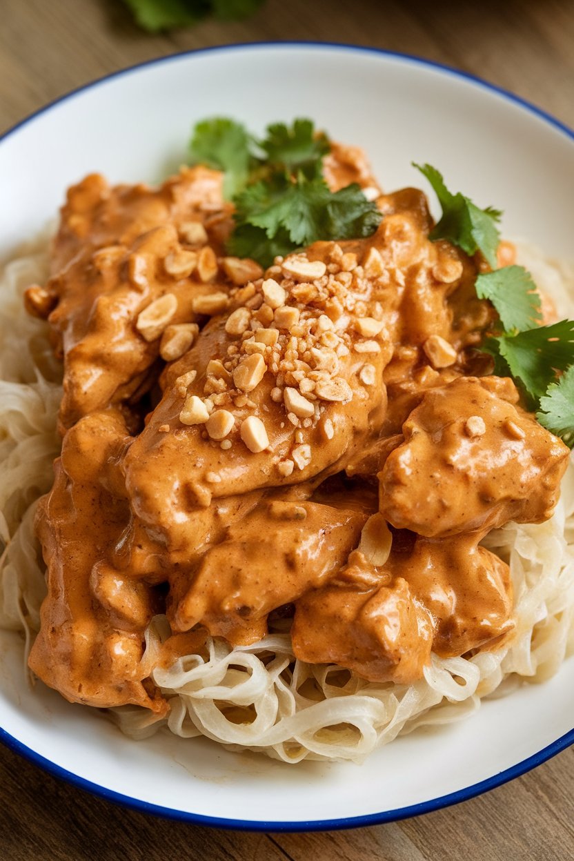 Indoor plate of creamy peanut-sauced chicken garnished with crushed peanuts and cilantro over rice noodles. Photo only.