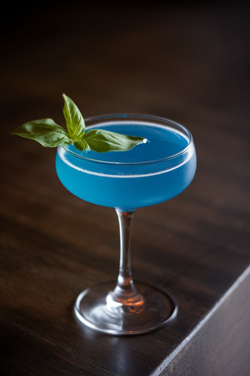 Photo of a chilled coupe indoors with indigo cocktail, tiny basil leaf floating, modern craft-cocktail bar, no text or logos