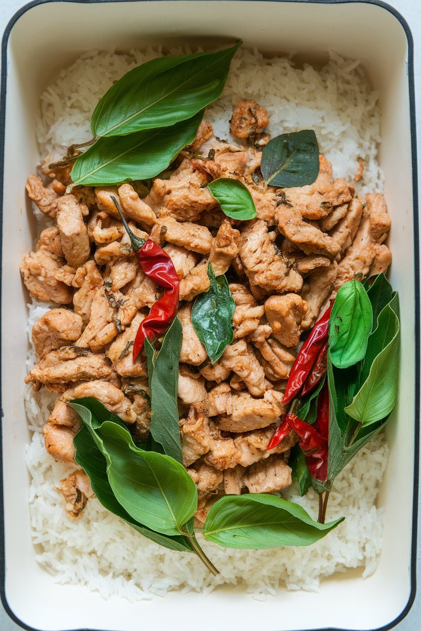 Indoor photo of minced chicken stir-fried with basil leaves and chili, sitting over jasmine rice in a prep box, no logos.