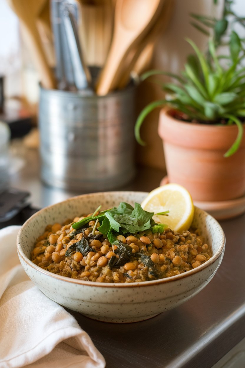 An indoor counter with a bowl of green lentil chili flecked with spinach, finished with a lemon wedge on the rim. No text or logos.
