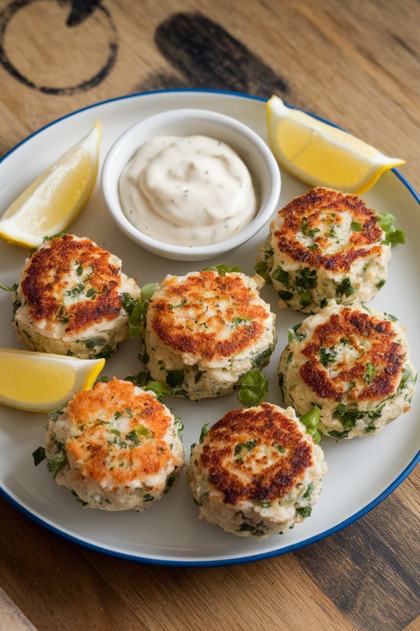 Indoor photo of mini crab cakes with browned crusts, lemon wedges and remoulade on the side, no text or logos.