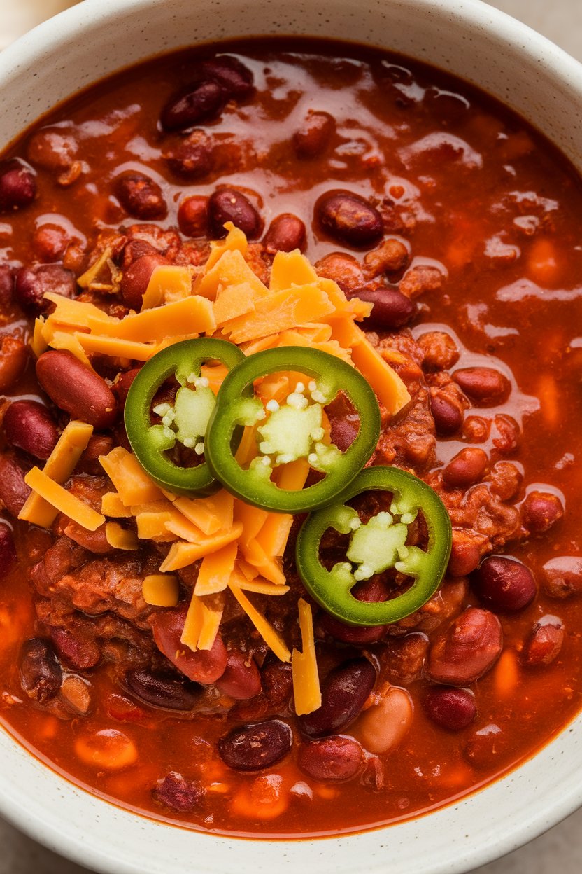 Indoor bowl of thick bean chili soup with a smoky red hue, topped with cheddar and sliced jalapeños. No text or logos. Photo.