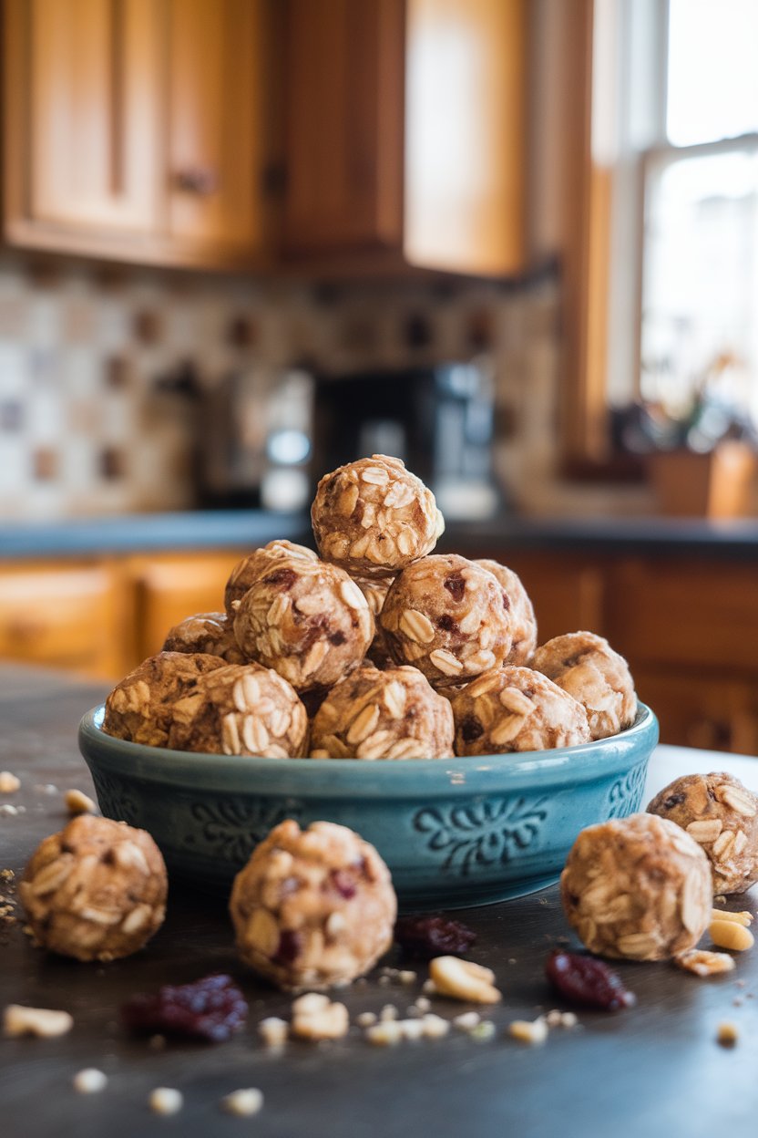 Indoor photo of round oat energy bites stacked on a ceramic dish in a kitchen. No text or logos.