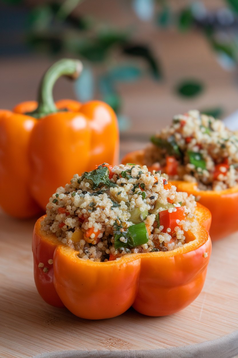 Indoor photo of colorful bell peppers baked and overflowing with herbed quinoa and diced vegetables. No text or logos.