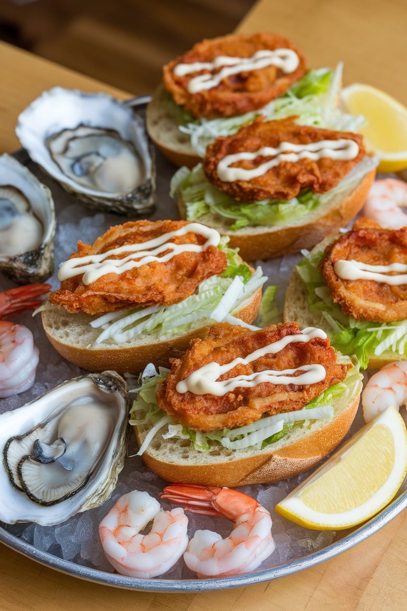 An indoor seafood platter featuring small baguette slices stuffed with crispy fried oysters, shredded lettuce, and a drizzle of remoulade. No text or logos. Photo, not illustration.