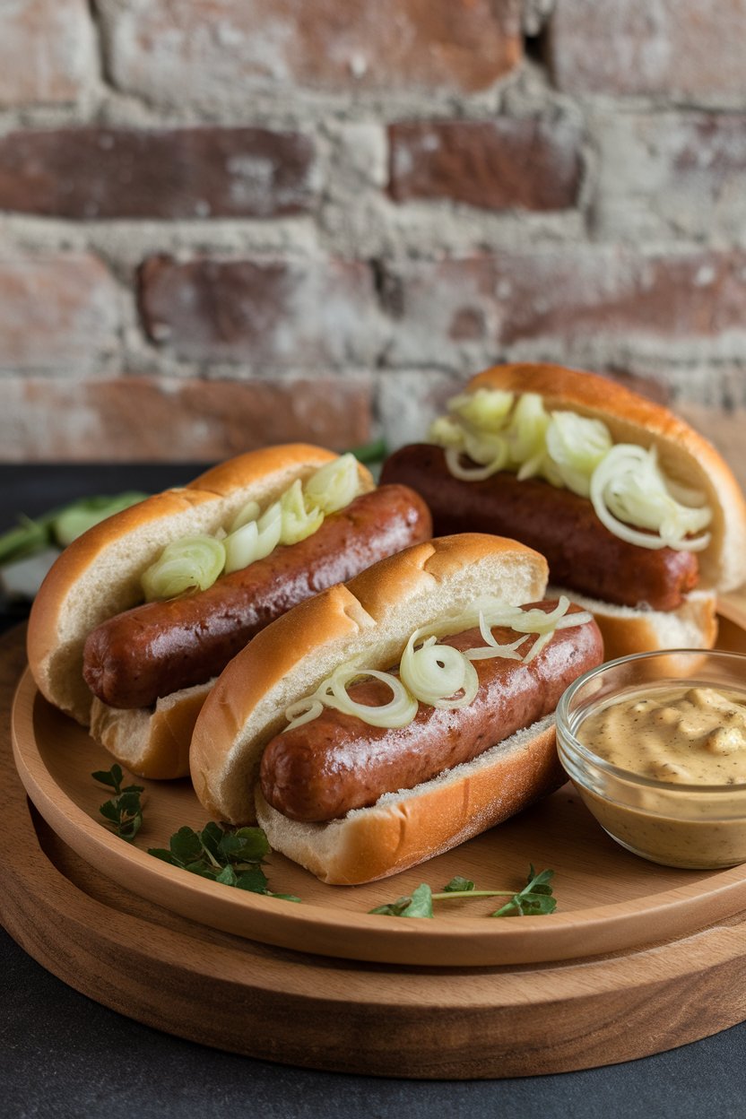 Indoor photo of cooked bratwursts nestled in buns, sautéed onions on top, and a glass bowl of grainy mustard; no text or logos.