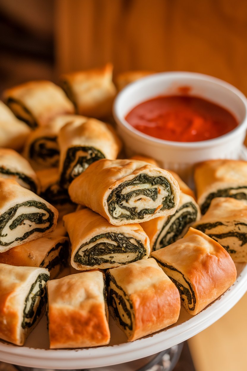 Indoor photo of bite-size stromboli pieces filled with spinach and cheese on a platter with marinara dip; no text or logos.