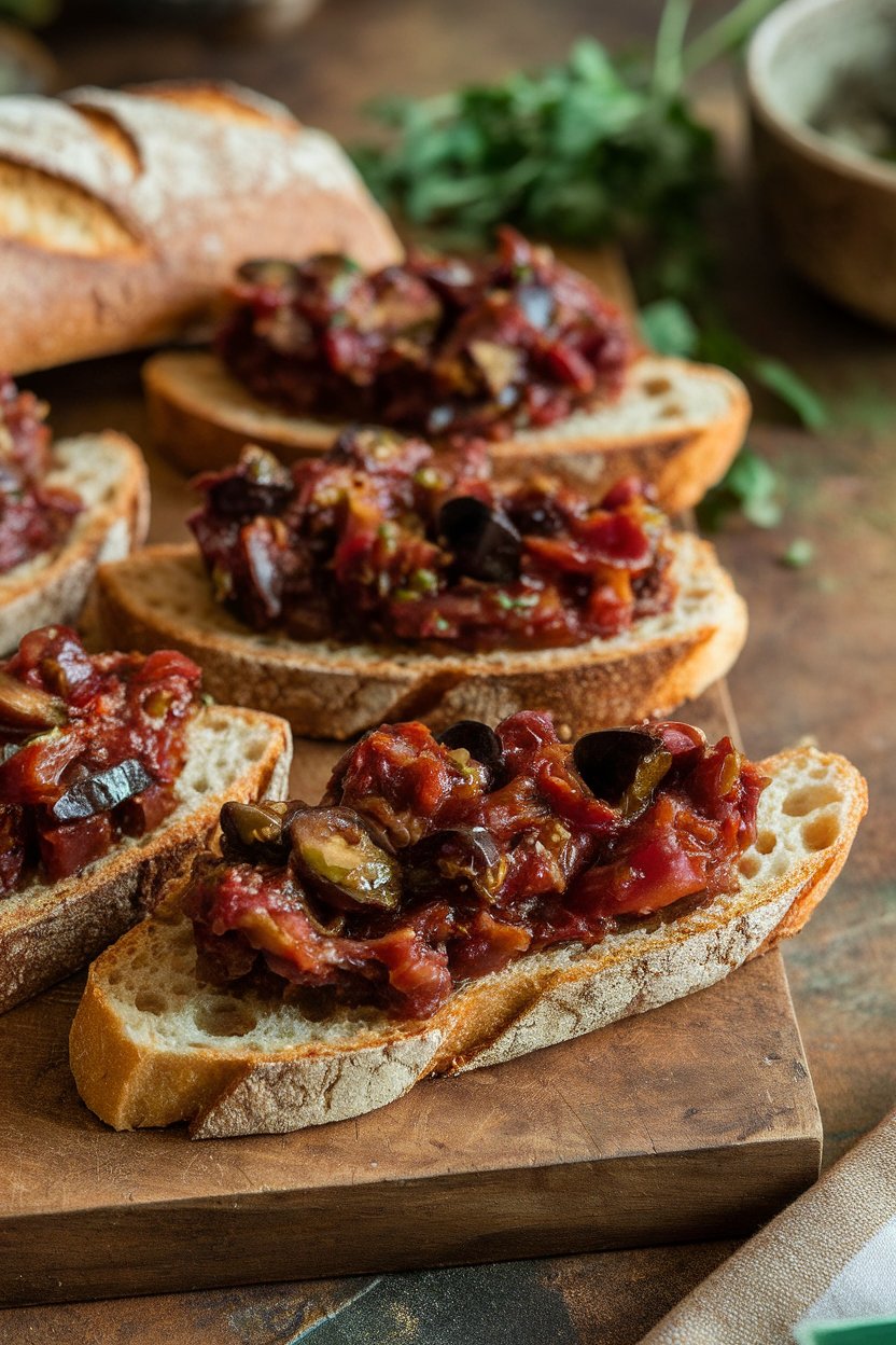 Photo of toasted whole-grain baguette slices topped with glossy eggplant caponata on an indoor platter. No text or logos.