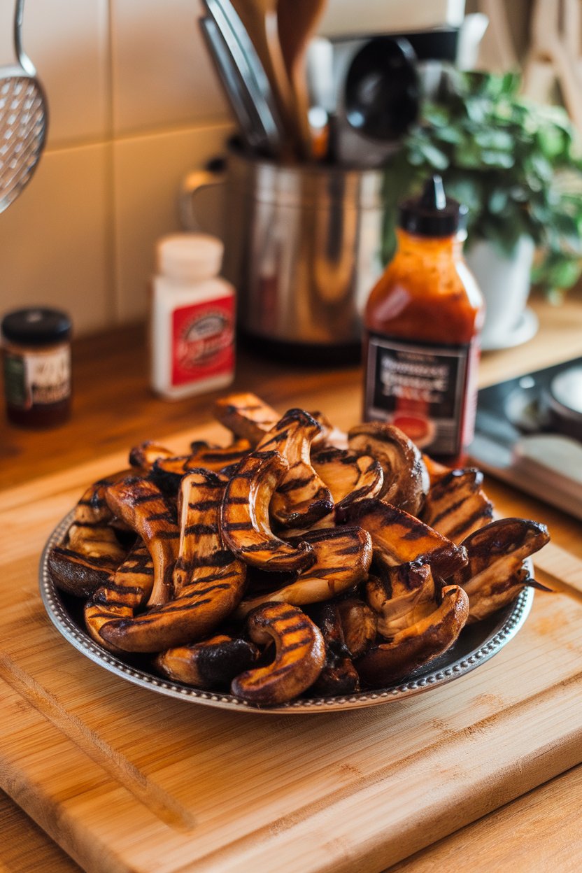 Photo prompt: Indoor kitchen counter featuring a platter of grilled king oyster mushroom strips glazed with sticky barbecue sauce, grill marks visible. No text or logos. Photo, not illustration.