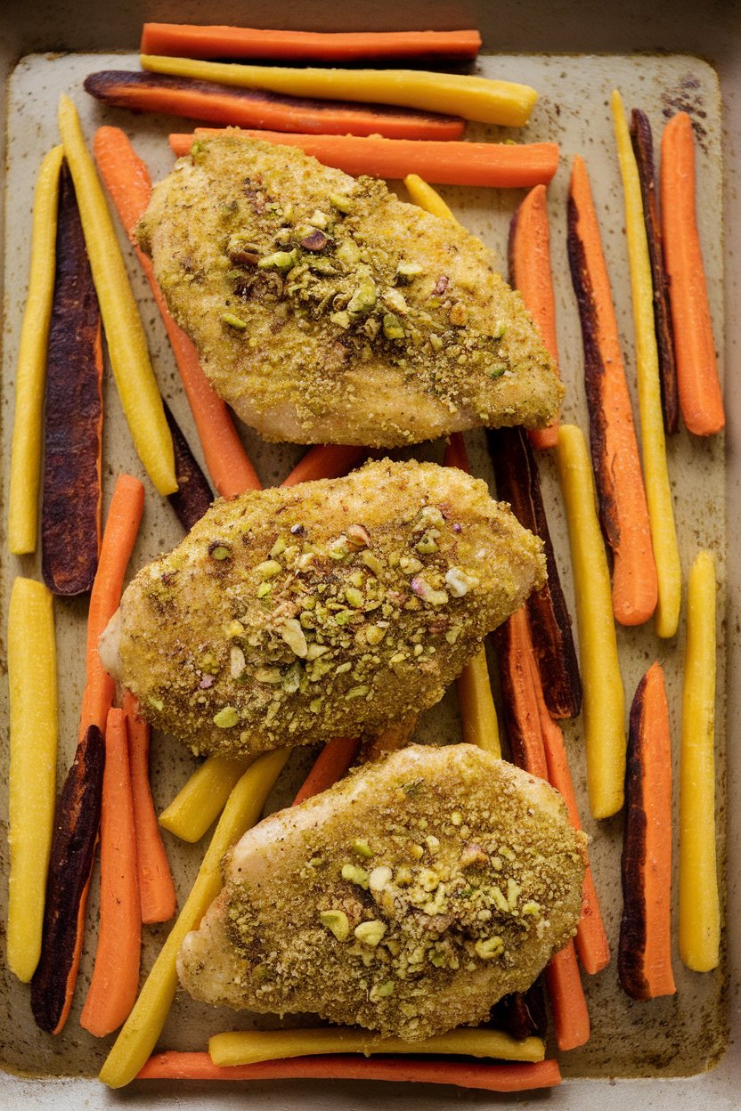 Indoor photo of pistachio-crumb coated chicken cutlets baked golden, tri-colored carrot sticks browned on a sheet pan. No text or logos.