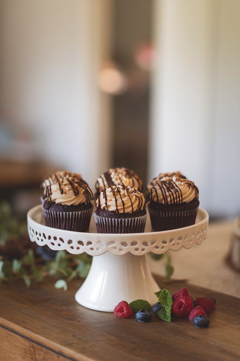 Indoor cupcake stand filled with chocolate cupcakes topped with coconut-pecan frosting, chocolate drizzle on top. No text or logos; photo, not illustration.