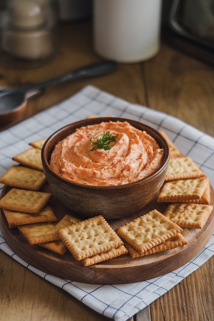 An indoor kitchen table featuring a rustic bowl of pimento cheese surrounded by buttery crackers. No text or logos. Photo, not illustration.