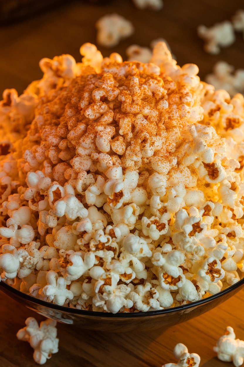 Indoor movie-night bowl piled with popcorn dusted in reddish Creole seasoning, warm light highlighting kernels. Photo, no text or logos.