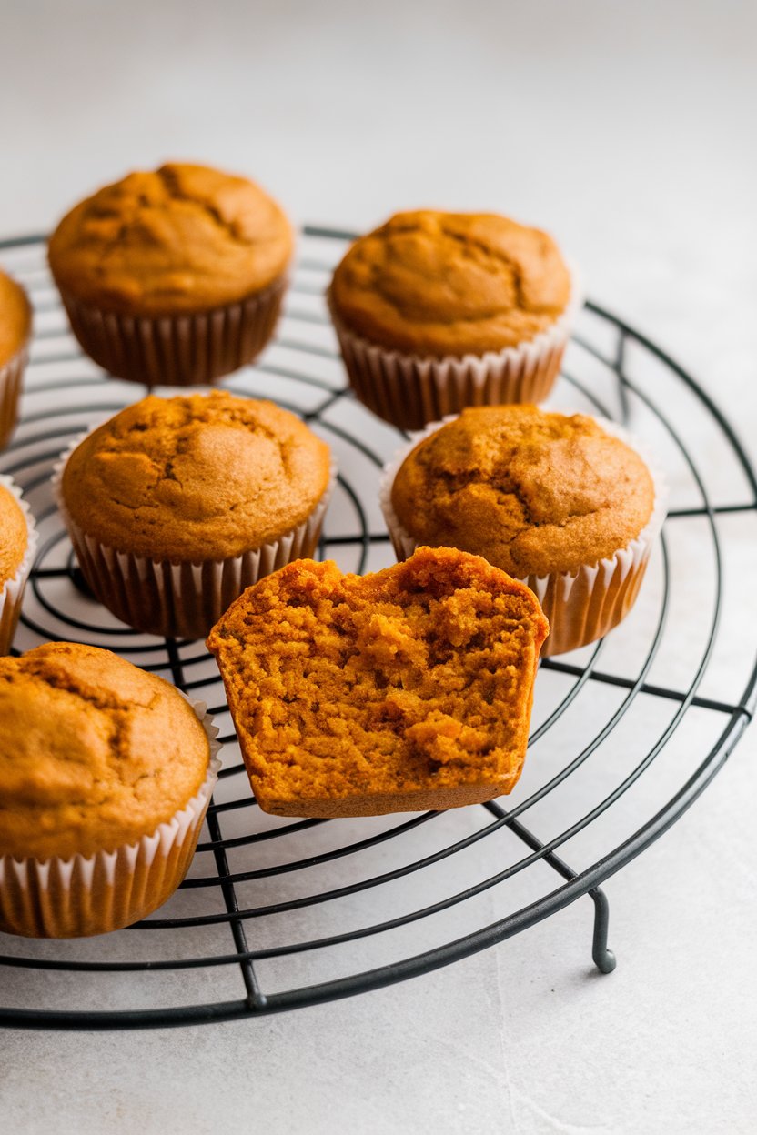 An indoor cooling rack with several small pumpkin muffins, one cut in half to reveal moist crumb, no brand markings or text.
