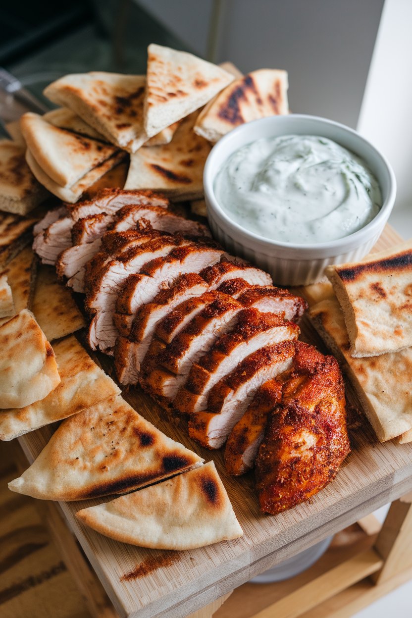 Indoor cutting board piled with sliced spiced chicken alongside pita wedges and tzatziki. No text or logos.