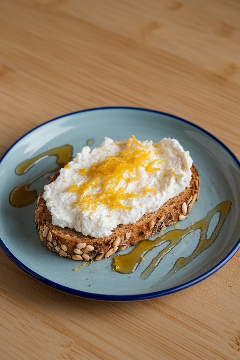 An indoor plate with a slice of seeded toast spread with fluffy ricotta, drizzled honey, and lemon zest on top. No text or logos present. Photo, not illustration.