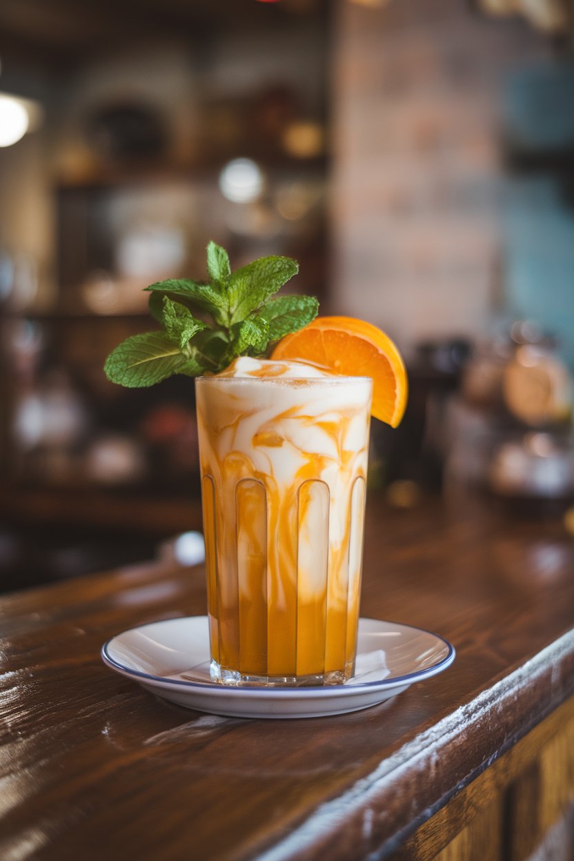 An indoor café counter displaying a tall glass of creamy orange Thai iced tea with visible milk swirl over ice. No logos or text. Photo.