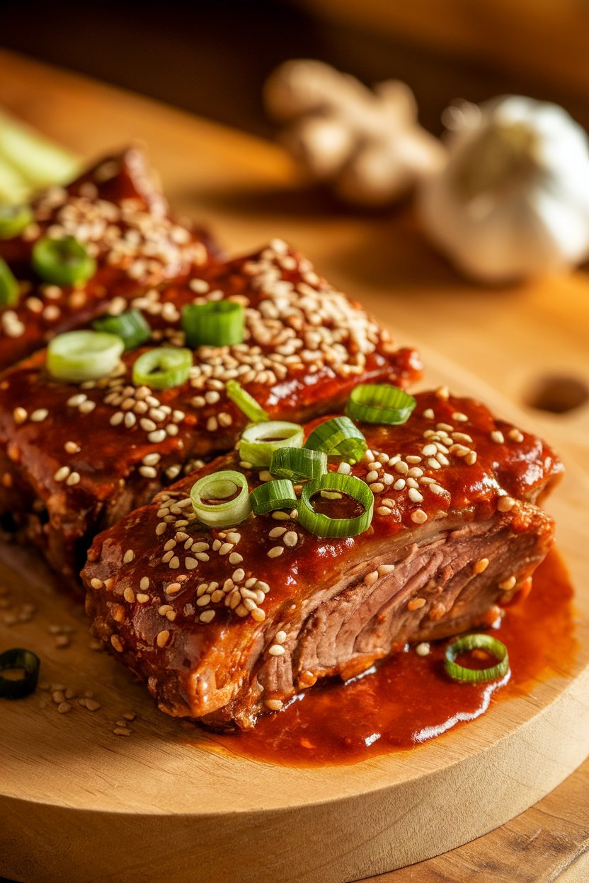 Indoor photo of short ribs coated in a spicy gochujang sauce, sprinkled with sesame seeds and sliced scallions; no text or logos
