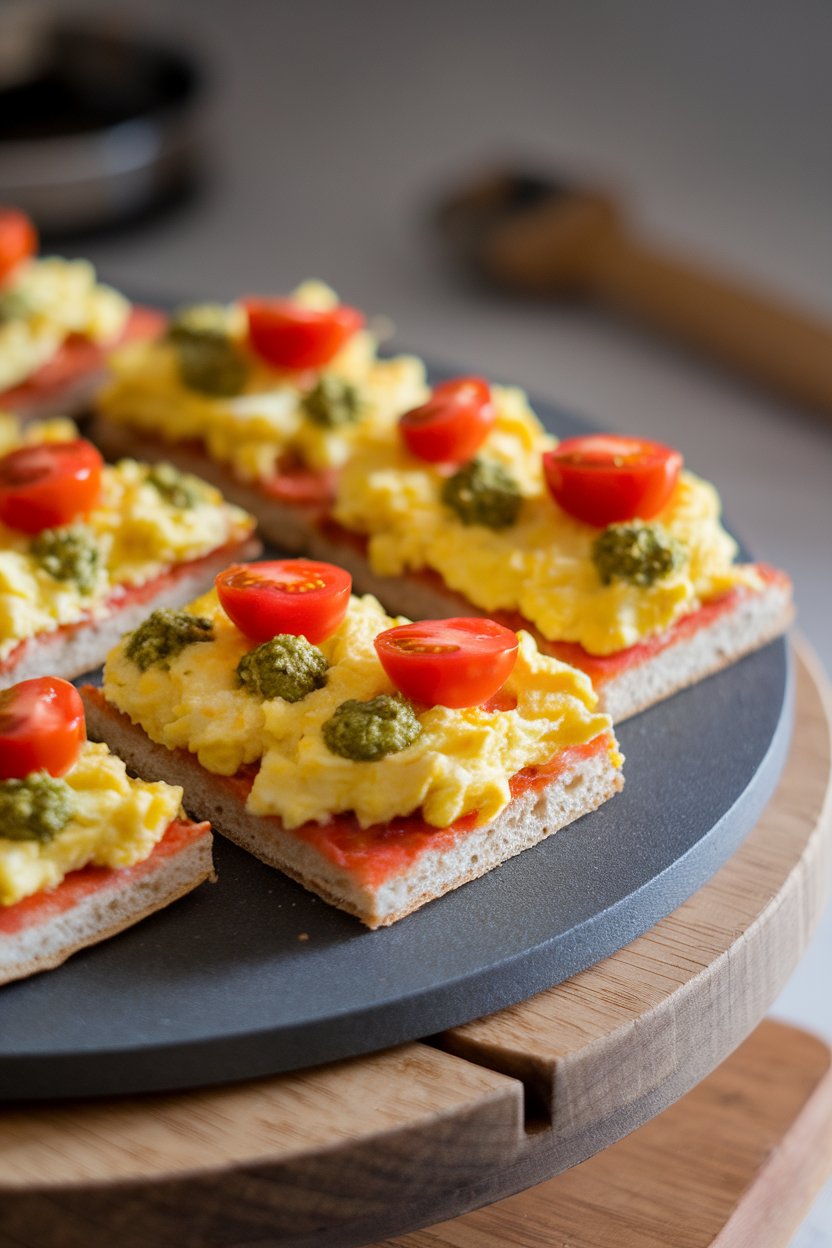 Indoor pizza stone with rectangular slices topped with scrambled eggs, pesto dollops, and cherry tomato halves, no text or logos.