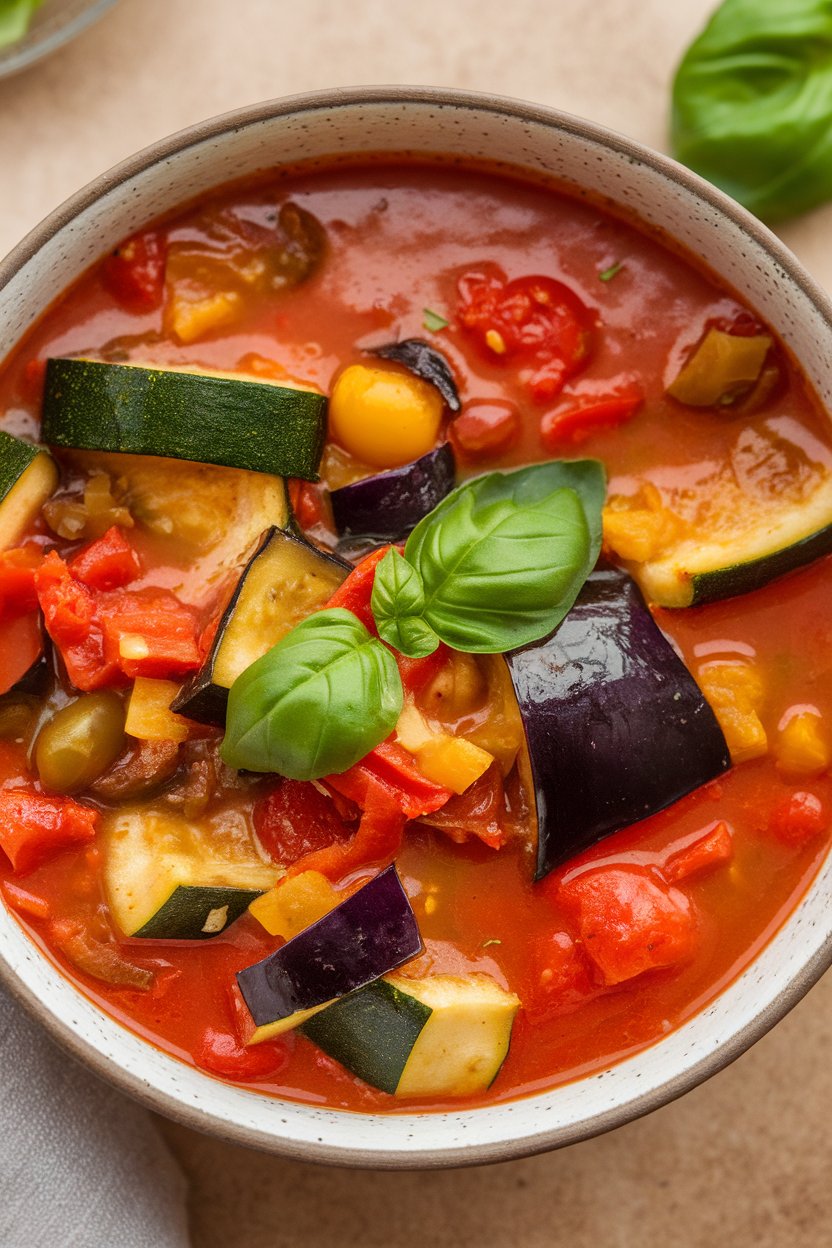 Indoor photo of a chunky vegetable soup with zucchini, eggplant, tomatoes, and bell peppers, garnished with basil; no logos or text.