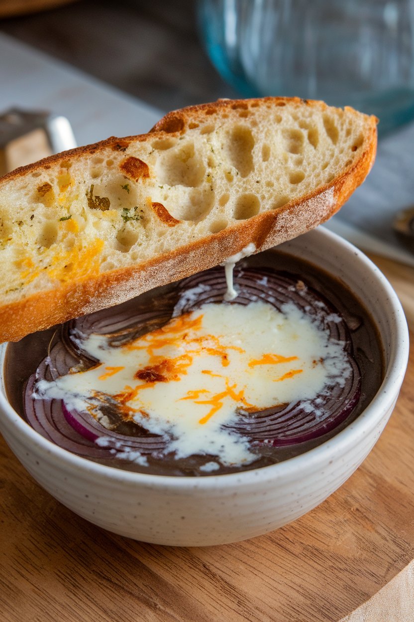 Indoor photo of a crock filled with dark onion soup, melted Gruyère dripping over a toasted baguette slice that rests on top; no text or logos visible.