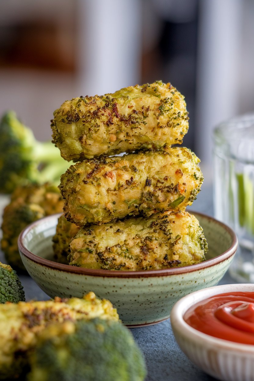 Photo of green-flecked baked broccoli tots stacked in a bowl with a side of ketchup, indoors. No text or logos.