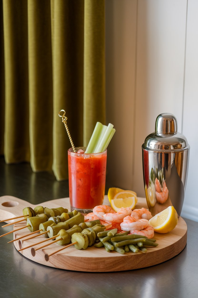 An indoor bar setup with a wooden board holding skewered pickled okra, spicy green beans, cooked shrimp, lemon wedges, and celery sticks ready to top Bloody Marys. No logos visible.