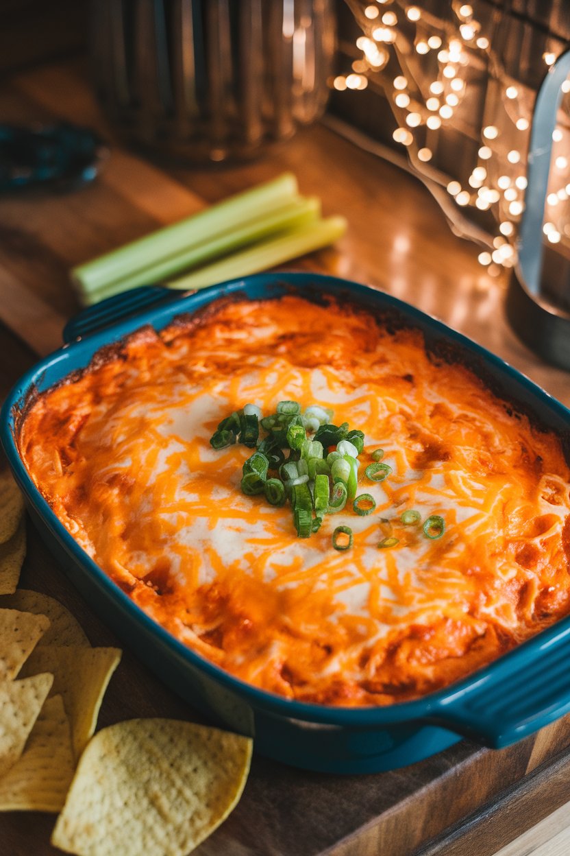 Indoor kitchen counter with a shallow baking dish of bubbling, orange-tinted buffalo chicken dip topped with melted cheese and a sprinkle of green onions; a few celery sticks and tortilla chips nearby. Warm lighting, no text or logos.