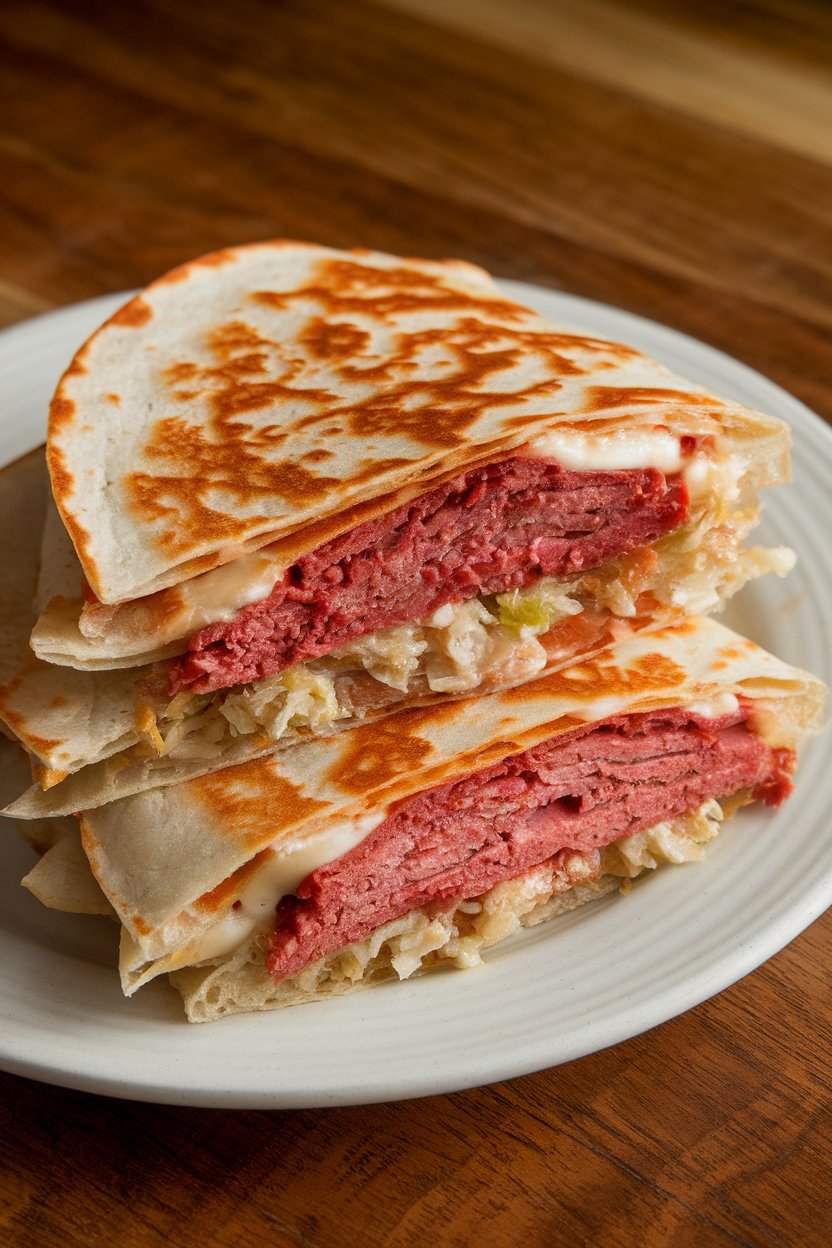 Indoor photo of Reuben quesadilla slices showing corned beef, sauerkraut, and melted Swiss, no logos or text.