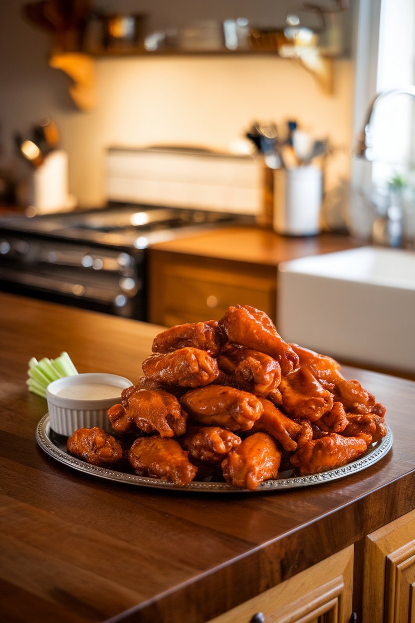 A warmly lit indoor kitchen island featuring a platter piled high with glazed buffalo wings, a small ramekin of ranch dressing, and celery sticks on the side. No text or logos anywhere in the frame.