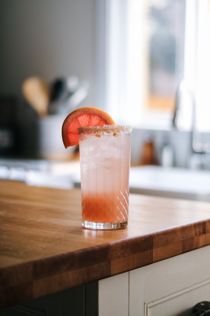 An indoor kitchen island showing a tall highball of pale pink grapefruit-tequila Paloma, salt rim on half the glass, grapefruit wedge garnish, no text or logos. Photo only.