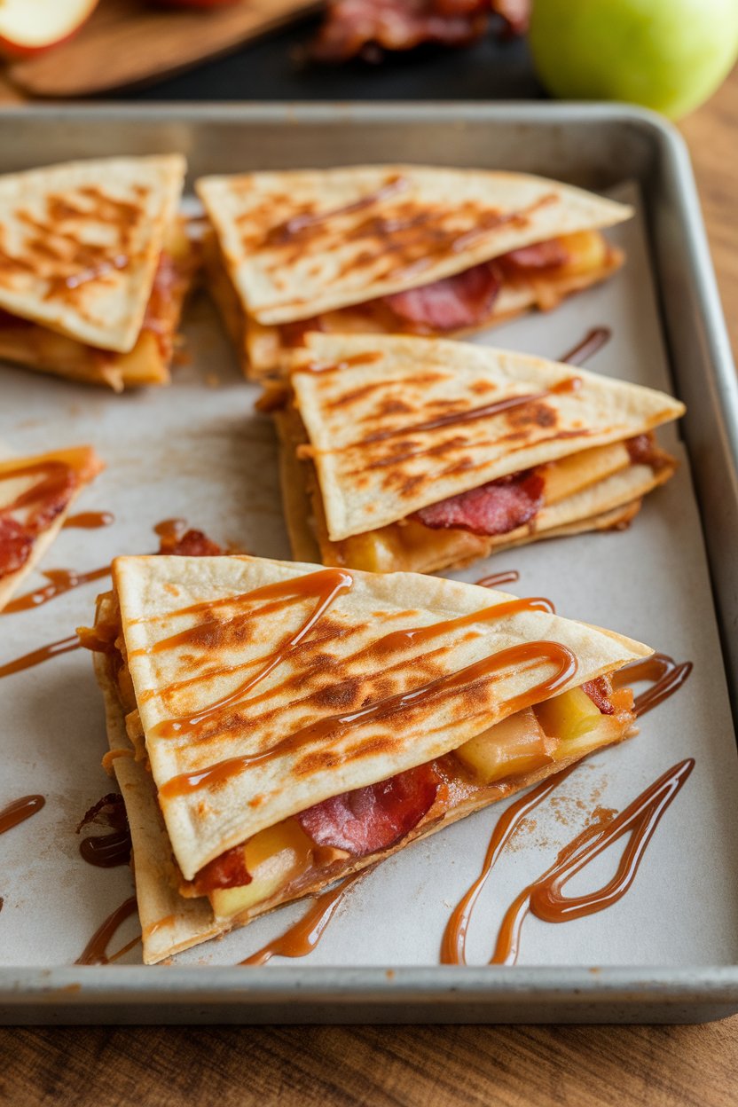 Indoor sheet pan of caramel-apple-bacon quesadillas, gooey caramel threads visible, no branding.