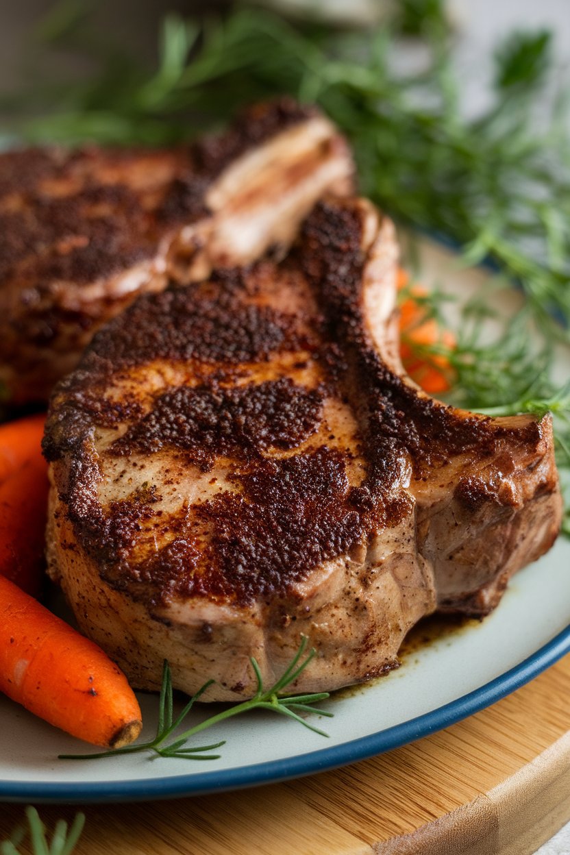 Close-up of dark coffee-rubbed pork chops on plate, roasted carrots alongside, no text or logos.