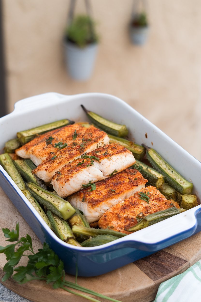 Indoor photo of a casserole pan containing Cajun-spiced tilapia fillets and roasted okra pods. No text or logos.