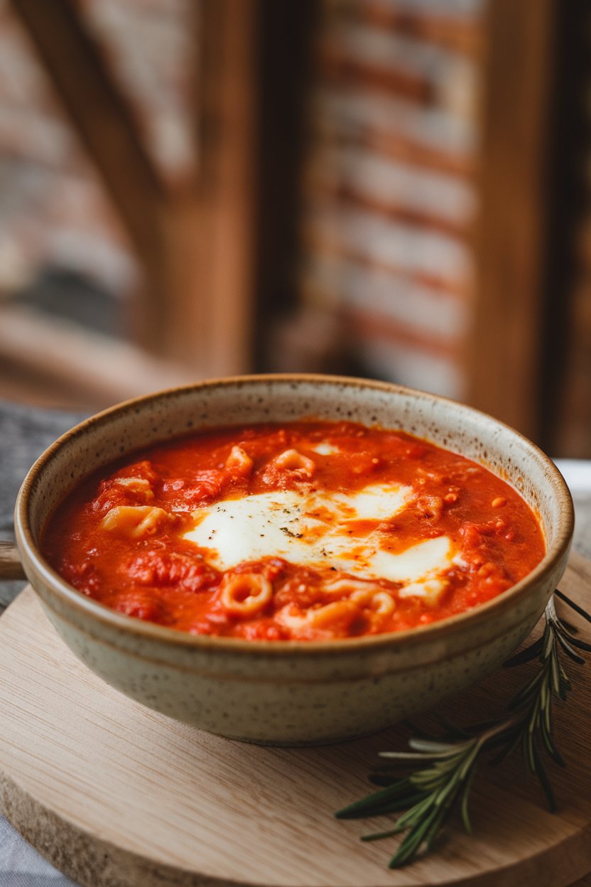 An indoor soup bowl containing tomato-rich lasagna soup with broken pasta pieces and melted mozzarella on top; photo only, no text or logos.
