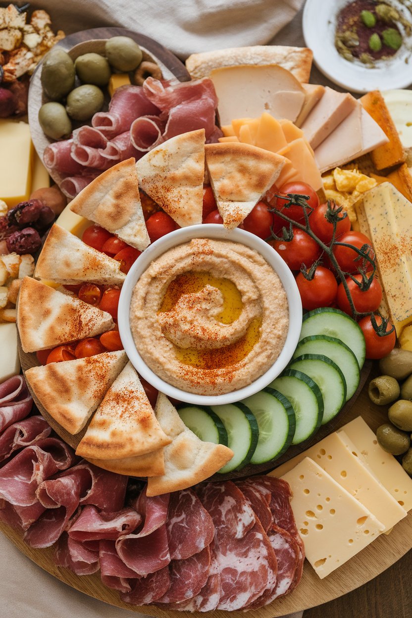 An indoor charcuterie board with a bowl of hummus surrounded by pita triangles, cucumber slices, and cherry tomatoes, sprinkled with smoked paprika—no text or logos. Photo, not illustration.