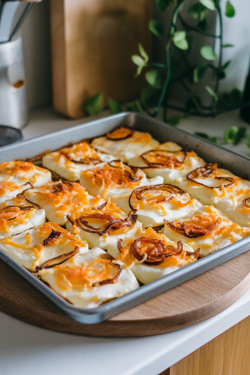 A sheet pan on a kitchen counter showcasing golden egg squares studded with caramelized onions and bubbly Gruyère cheese, photographed indoors. No text or logos.
