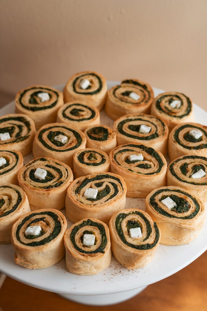 Indoor photo of puff-pastry pinwheels studded with spinach and feta on a white platter. No text or logos.