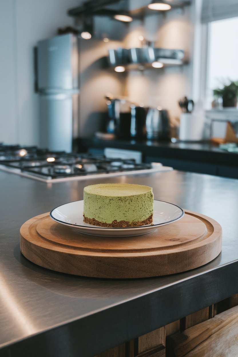 Indoor kitchen island showing a small round cheesecake slice tinted green with matcha, crumb crust visible at bottom. No text or logos; photo only.