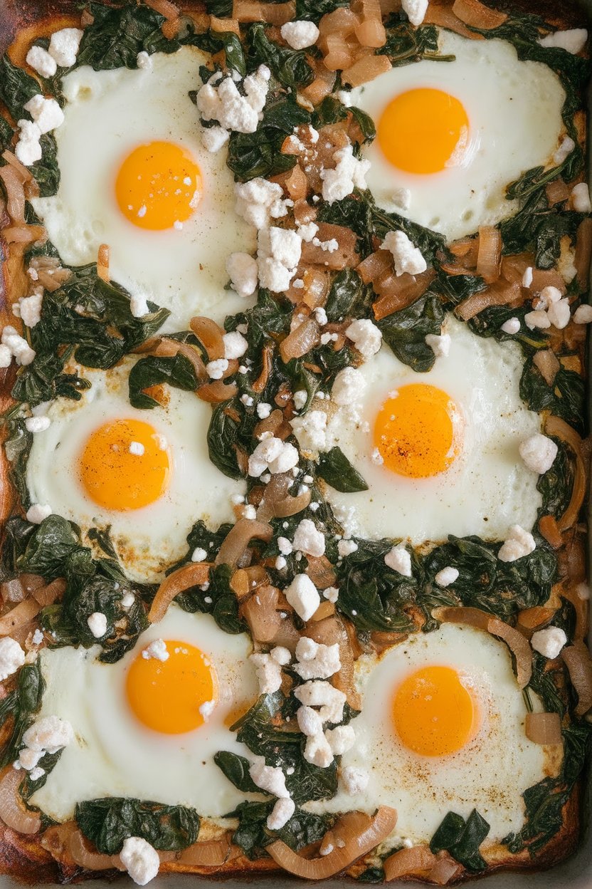 Indoor overhead photo of baked eggs rooted in a bed of chopped spinach, onions, and crumbled feta on a sheet pan. No text or logos.