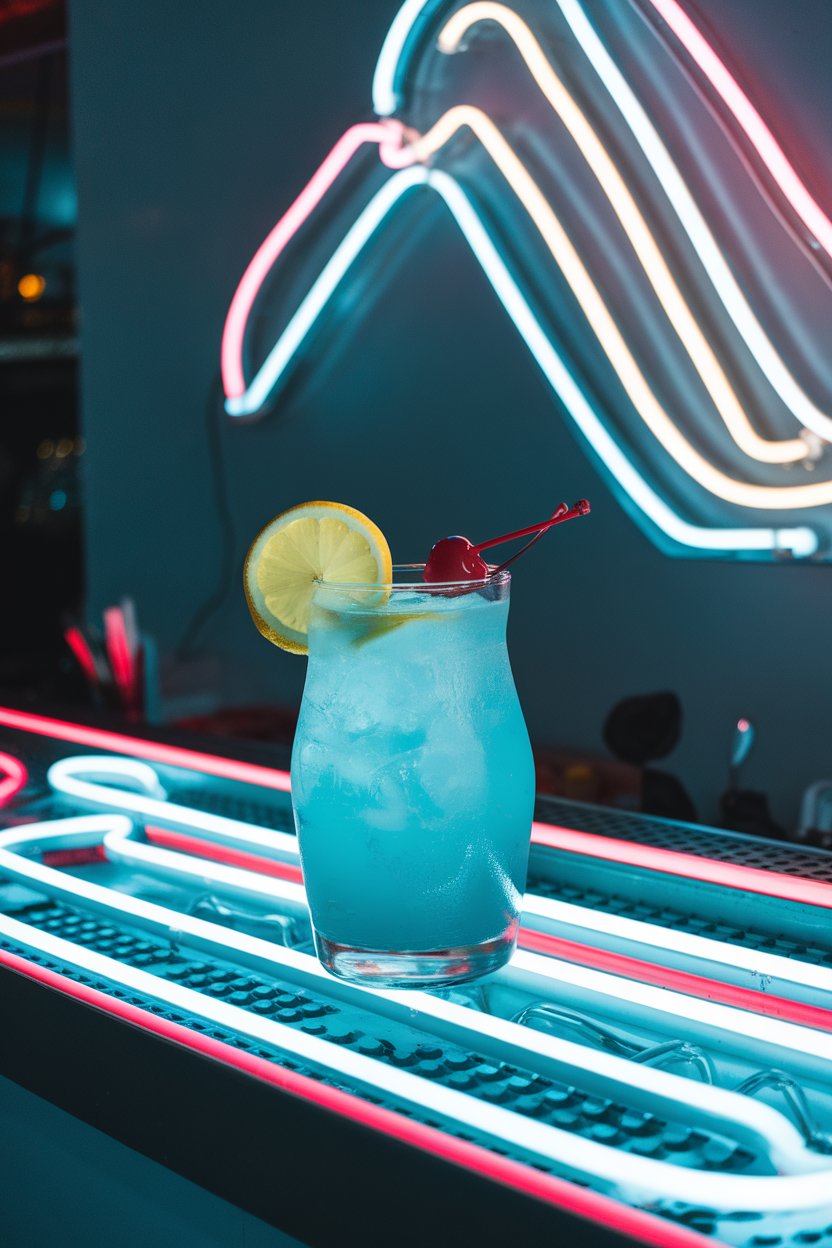 Indoor neon-lit bar top featuring a hurricane glass of electric-blue lagoon cocktail, lemon wheel and maraschino cherry, no logos or text. Photo only.